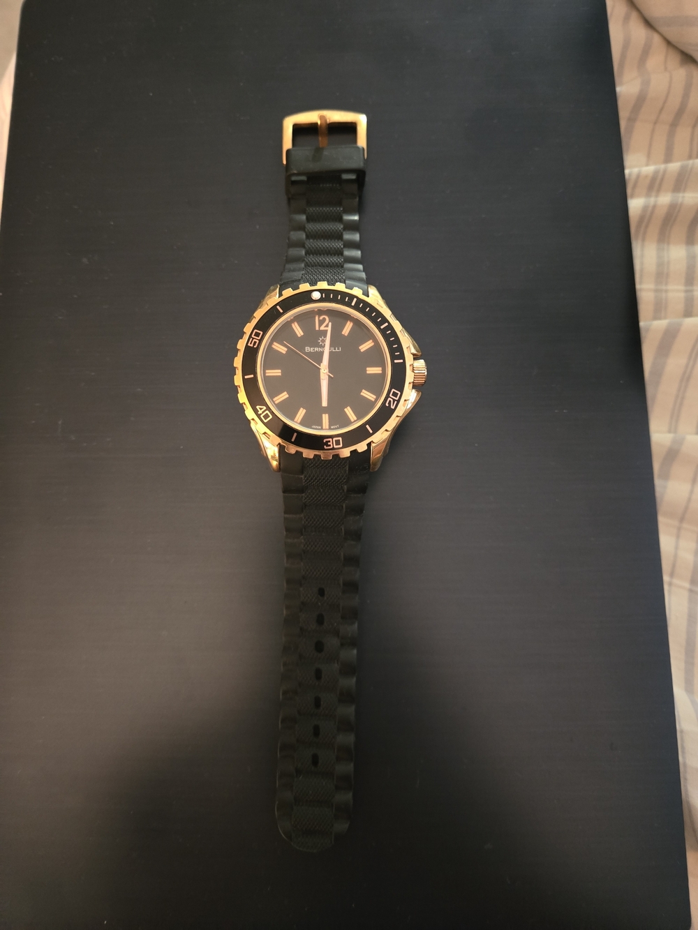 Bernoulli Men's Quartz Analog Watch Black Dial Gold Tone Case Black Rubber Strap